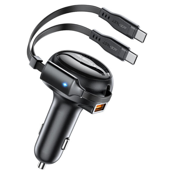 Acefast B13 Φορτιστής Αυτοκινήτου 53W με 1xUSB-A Θύρα και Διπλό Αναδιπλούμενο Καλώδιο (2xUSB-C) Μαύρος